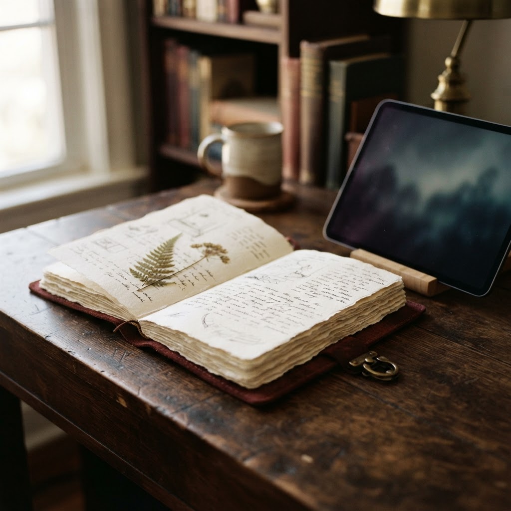 A quiet writing desk with an open journal, a cup of tea, and soft golden light falling across cream-coloured pages beside a simple modern screen — an atmosphere of calm, intentional creativity.