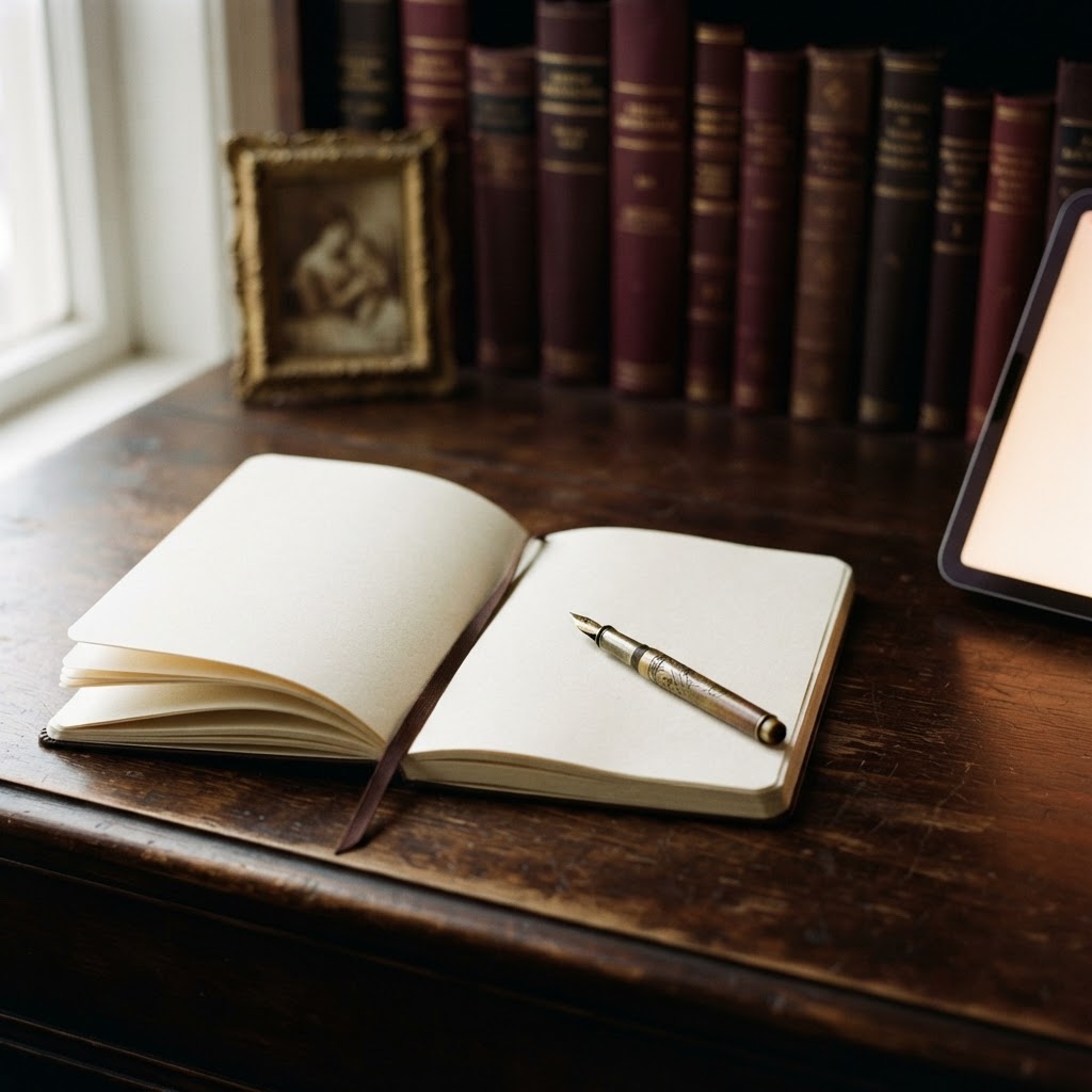 An open notebook beside a softly glowing screen on a wooden desk, surrounded by stacked books in warm ivory and gold tones, evoking a quiet literary workspace