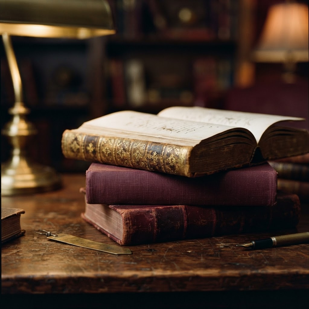 A warm editorial still life of a small stack of books with a cream and gold cover on top, resting on a wooden surface beside a lit lamp casting soft amber light, suggesting the quiet pleasure of book discovery