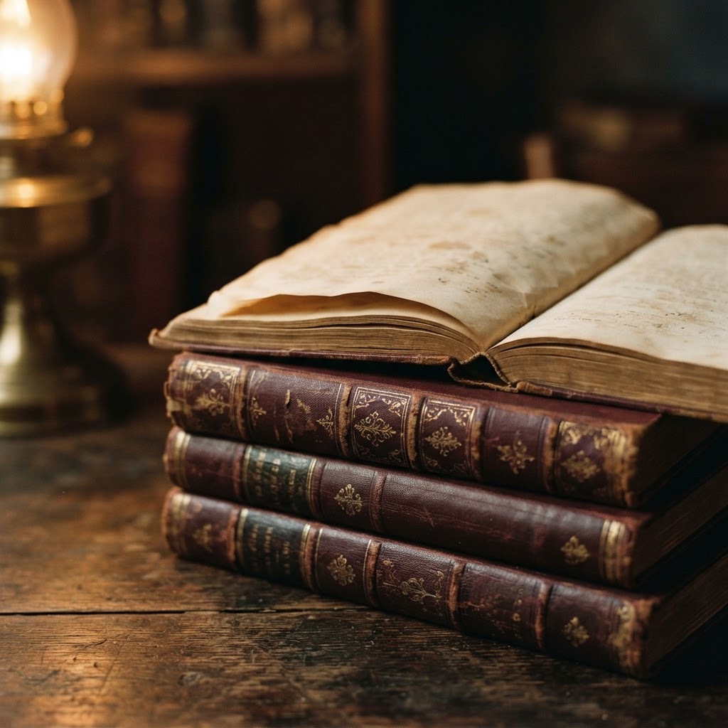 A softly lit stack of books with warm lamplight falling on an open page, evoking the pleasure of quiet reading and literary discovery