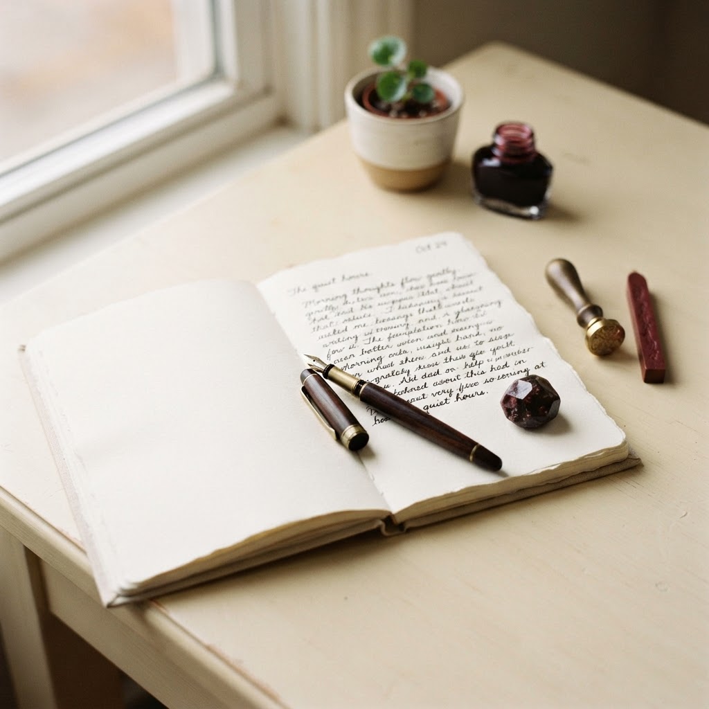 Open notebook with a fountain pen and burgundy crystal — first-time author roadmap