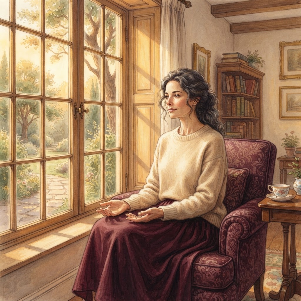 a person sitting peacefully in soft morning light by a window, hands resting open in their lap, expression calm and gently reflective — photographed in warm, golden tones
