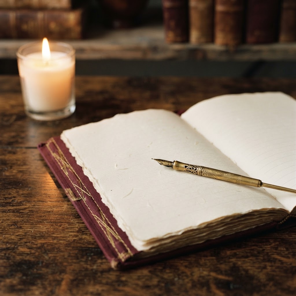 An open notebook beside a lit candle on a writing desk, with soft warm light falling across ivory pages and a faint suggestion of golden reflections, evoking quiet creative possibility