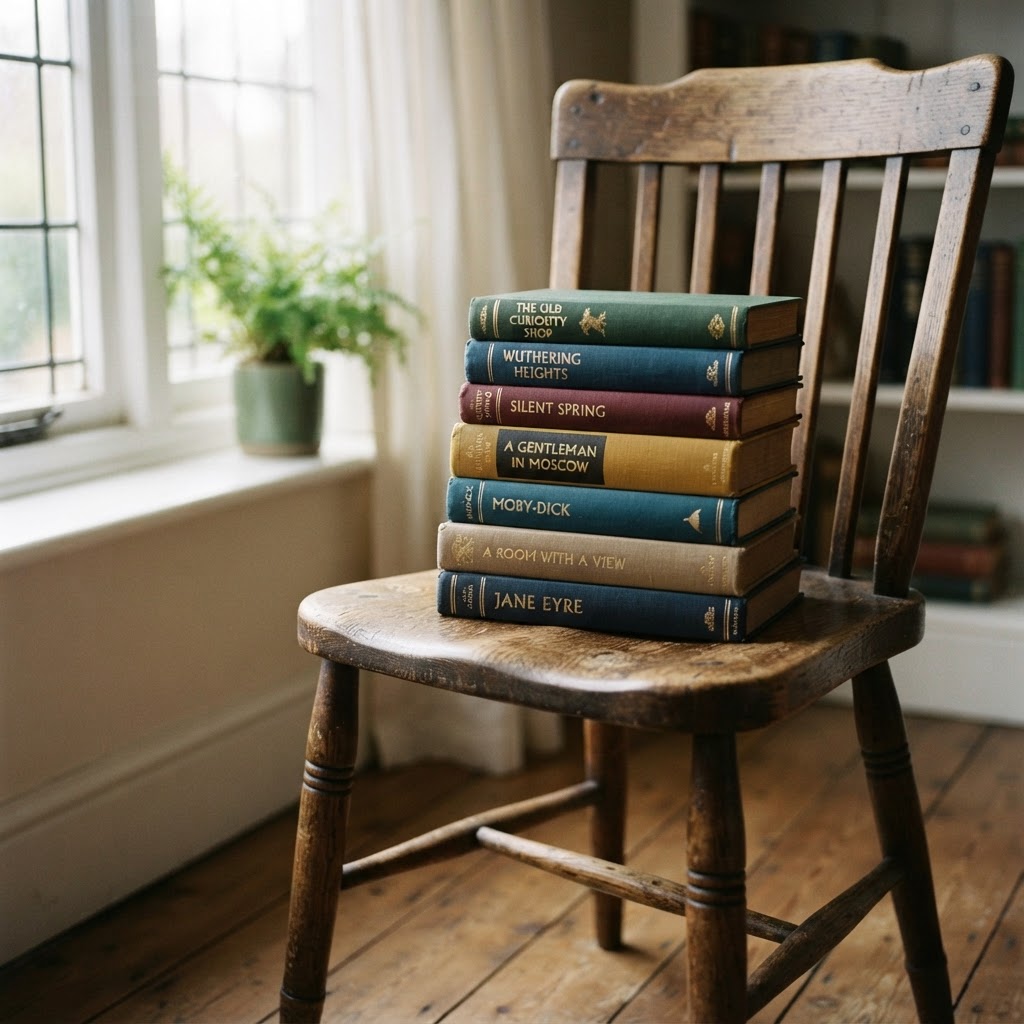 A stack of books resting on a chair.