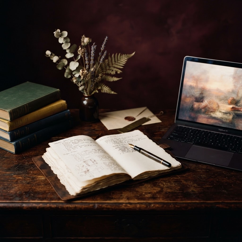 An open notebook beside a softly glowing screen on a wooden writing desk, surrounded by stacked books and a dried flower, in warm ivory and gold light — a quiet, literary workspace