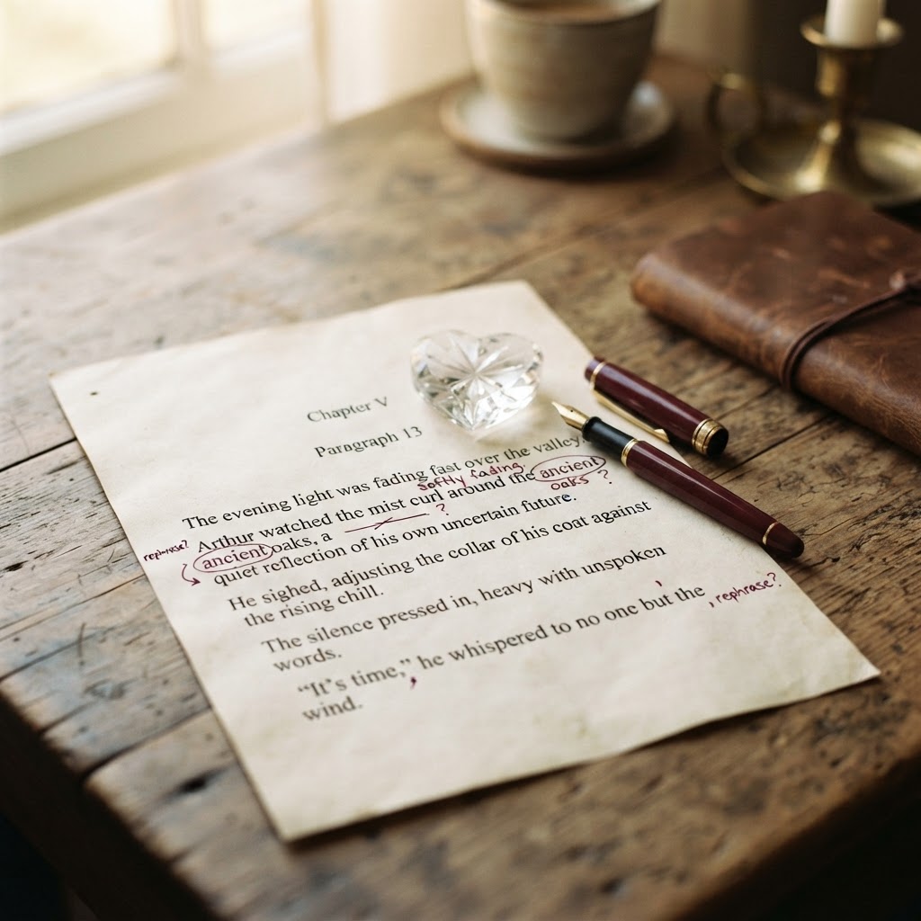 Manuscript page marked with a burgundy pen — self-editing on Crystal Hearts® Press