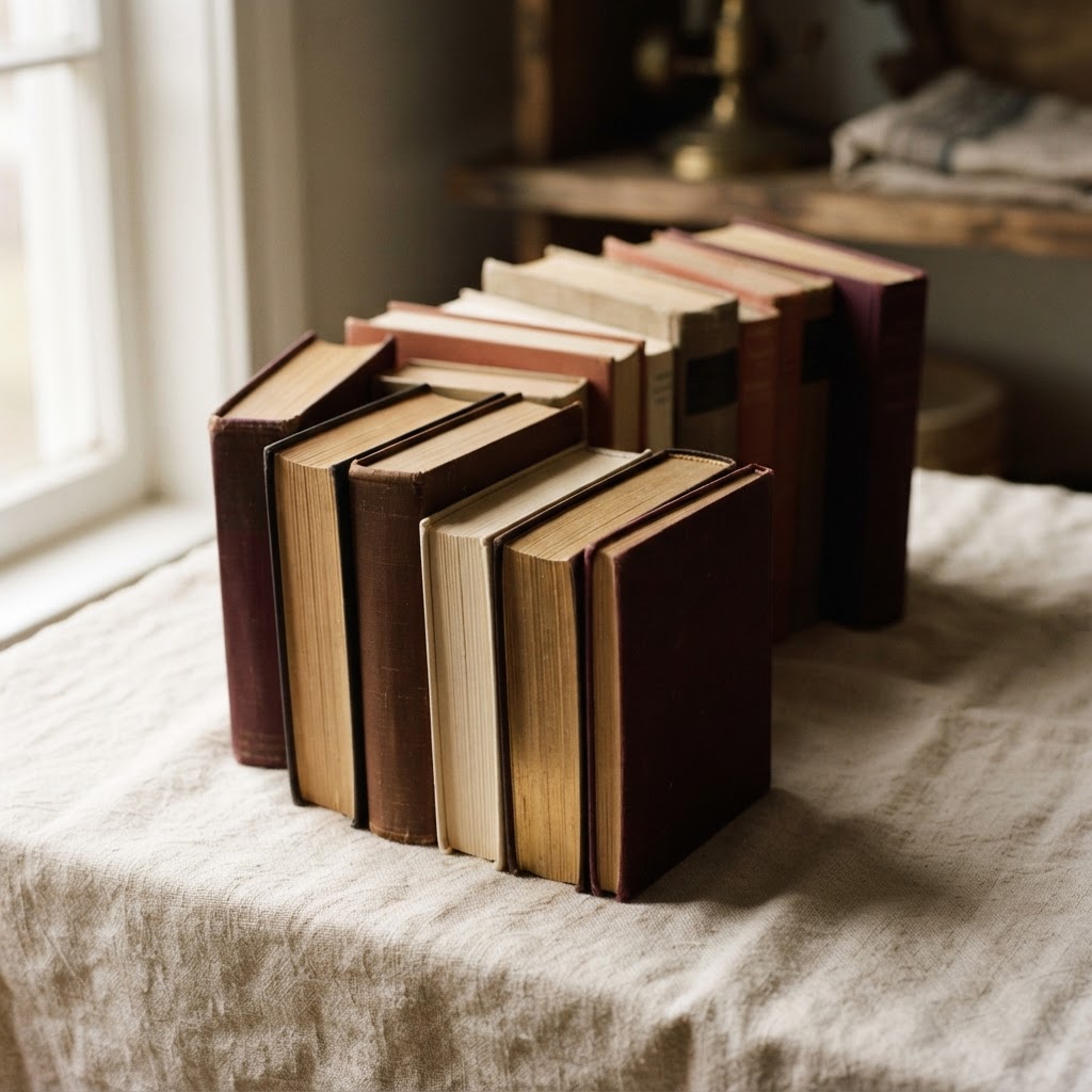 A stack of well-worn books with an open page catching warm lamplight, set against a deep burgundy background with antique gold accents — evoking the pleasure of book discovery