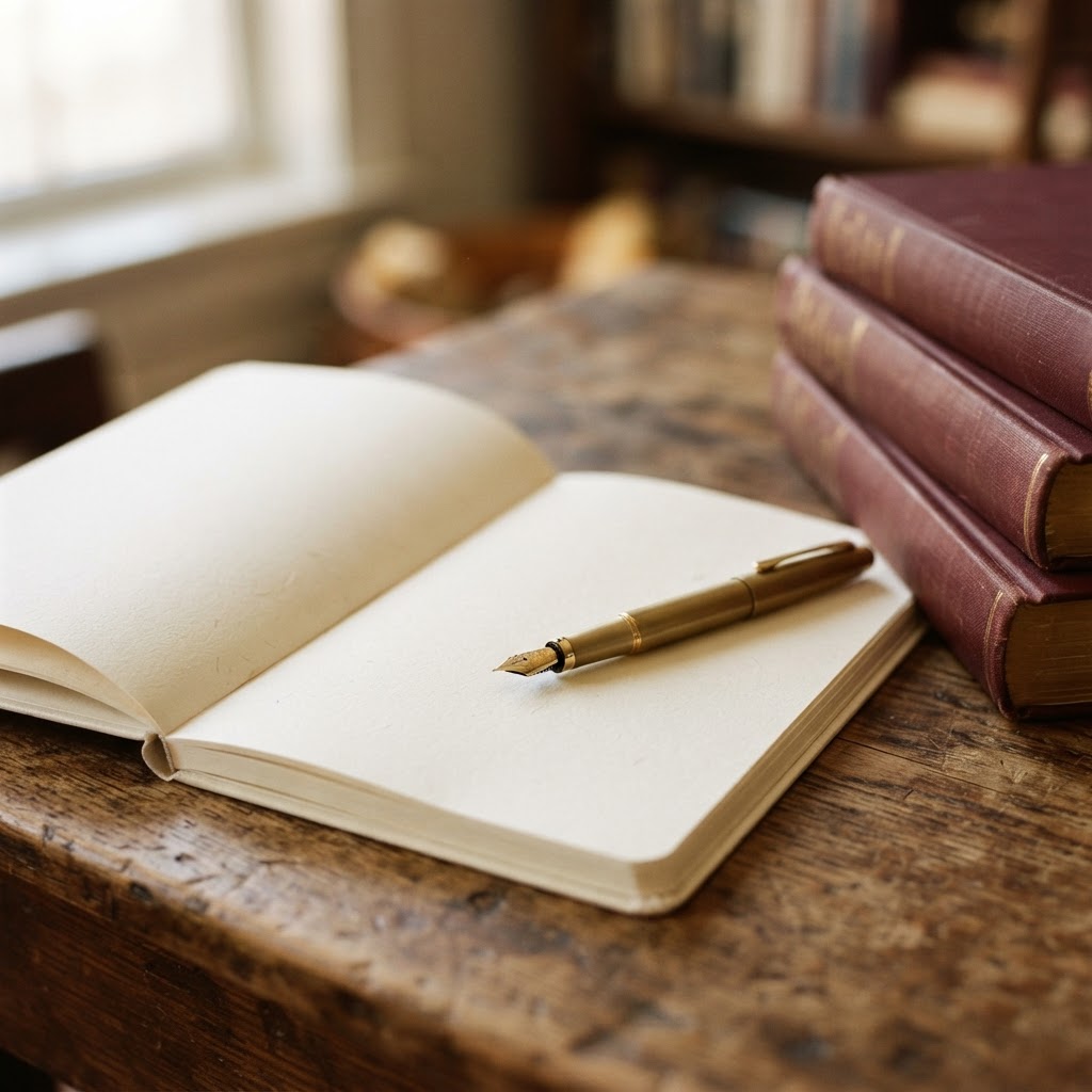 A quiet writing desk with an open notebook, a pen resting on the page, and warm editorial light falling across cream paper and a closed book with a dark burgundy cover — suggesting thoughtful creative work in a serene literary workspace.