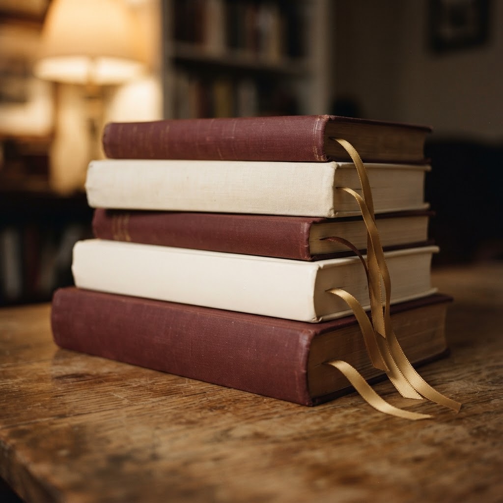 A softly lit stack of books in cream and gold tones on a wooden shelf, evoking the quiet pleasure of discovering an unknown author