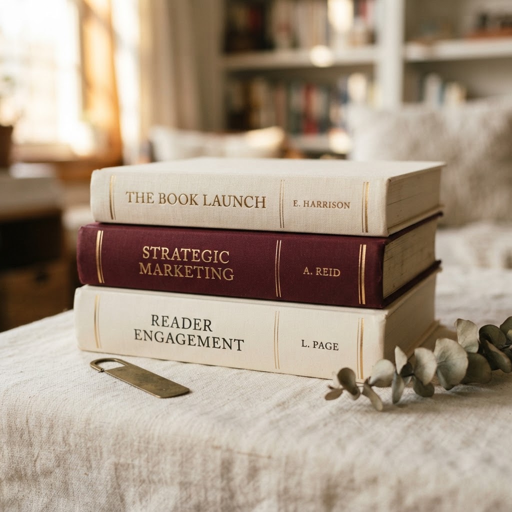 Stack of burgundy and cream hardback books — book marketing on Crystal Hearts® Press