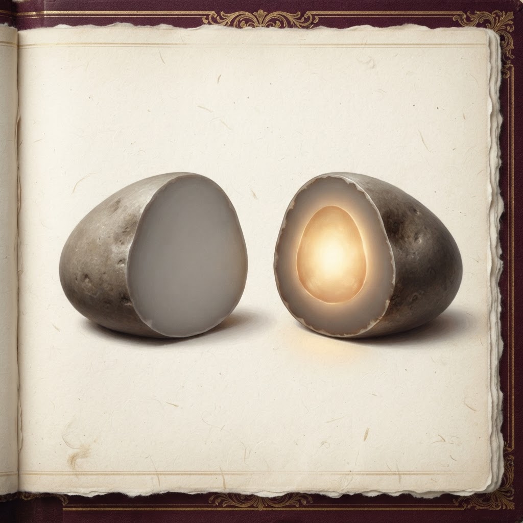 A simple cross-section illustration showing two stones side by side — one plain and smooth on the outside and inside, labelled "nice"; one plain on the outside but with a warm glowing centre, labelled "kind"