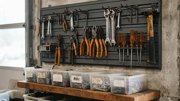 Organized garage workshop wall with slat-wall tool storage, labeled bins, and shelving