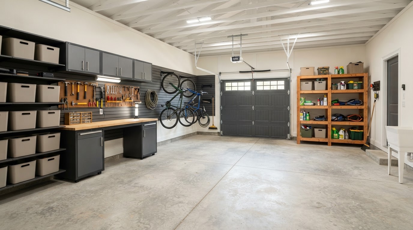 Clean and organized two-car garage with wall storage