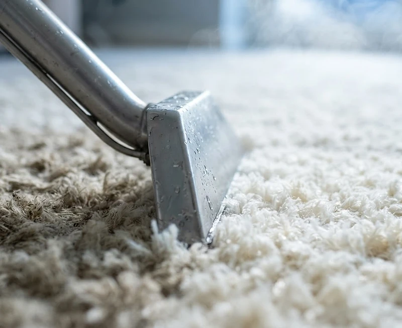 Truck-mount hot water extraction cleaning a cream carpet, leaving a sharp clean line