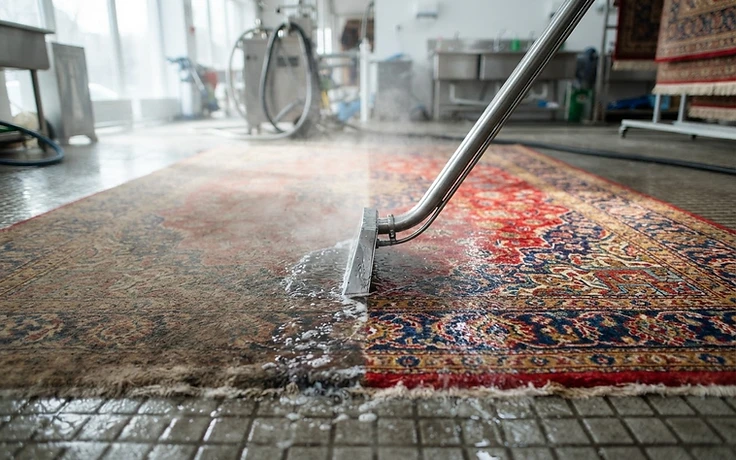 Colourful wool area rug being professionally cleaned in Calgary
