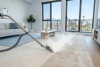 Professional truck-mount hot water extraction cleaning a cream carpet in a Calgary living room