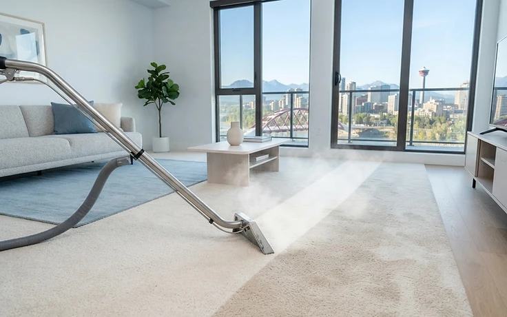 Professional truck-mount hot water extraction cleaning a cream carpet in a Calgary living room