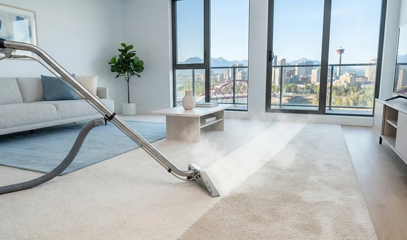 Truck-mount hot water extraction deep cleaning a Calgary carpet