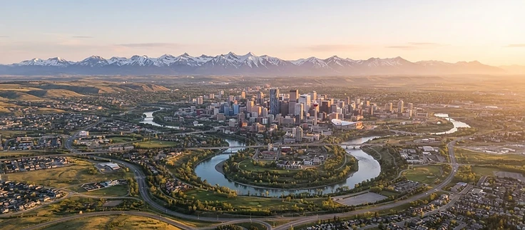 Aerial view of Calgary, Alberta and surrounding communities