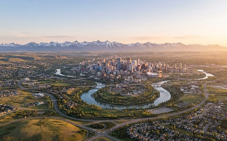 Aerial view of Calgary, Alberta and surrounding communities