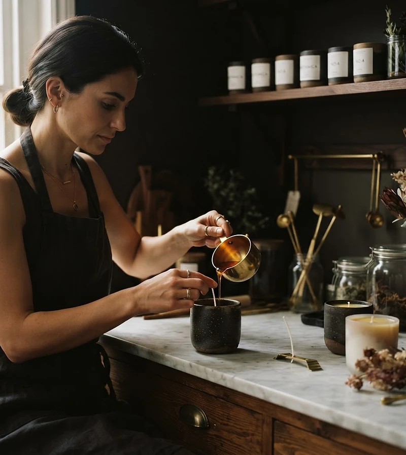Artisan pouring molten soy wax into a ceramic candle vessel in a luxury home studio, with a shelf of finished candles in the background