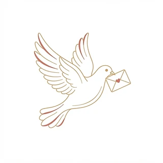 Line illustration of a gentle gold dove carrying an envelope with a heart — calm support for difficult paperwork