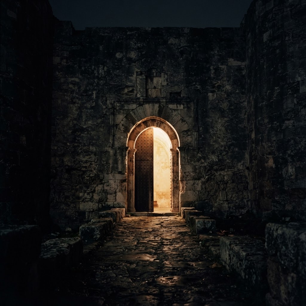 A doorway of light in dark stone — the author's search
