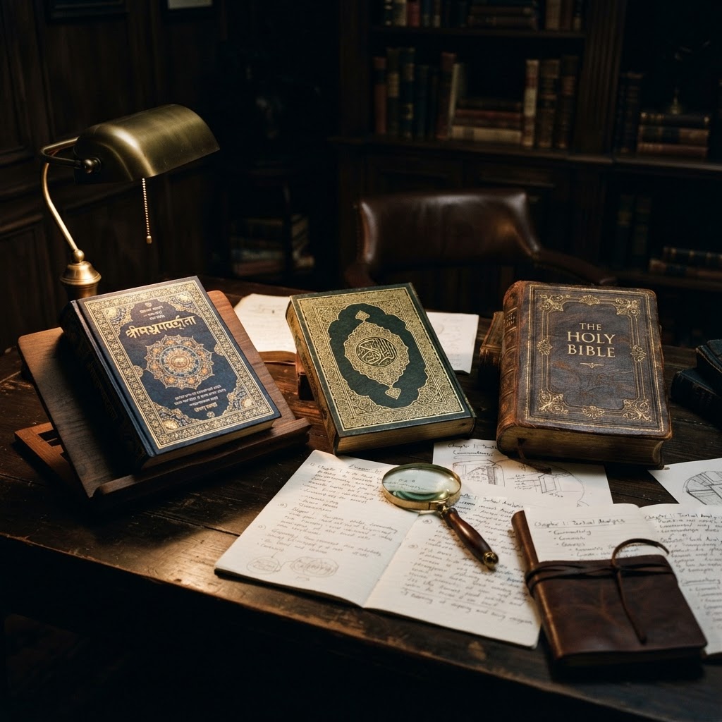 The Bhagavad Gita, the Quran, and the Bible laid out on a study table under investigation
