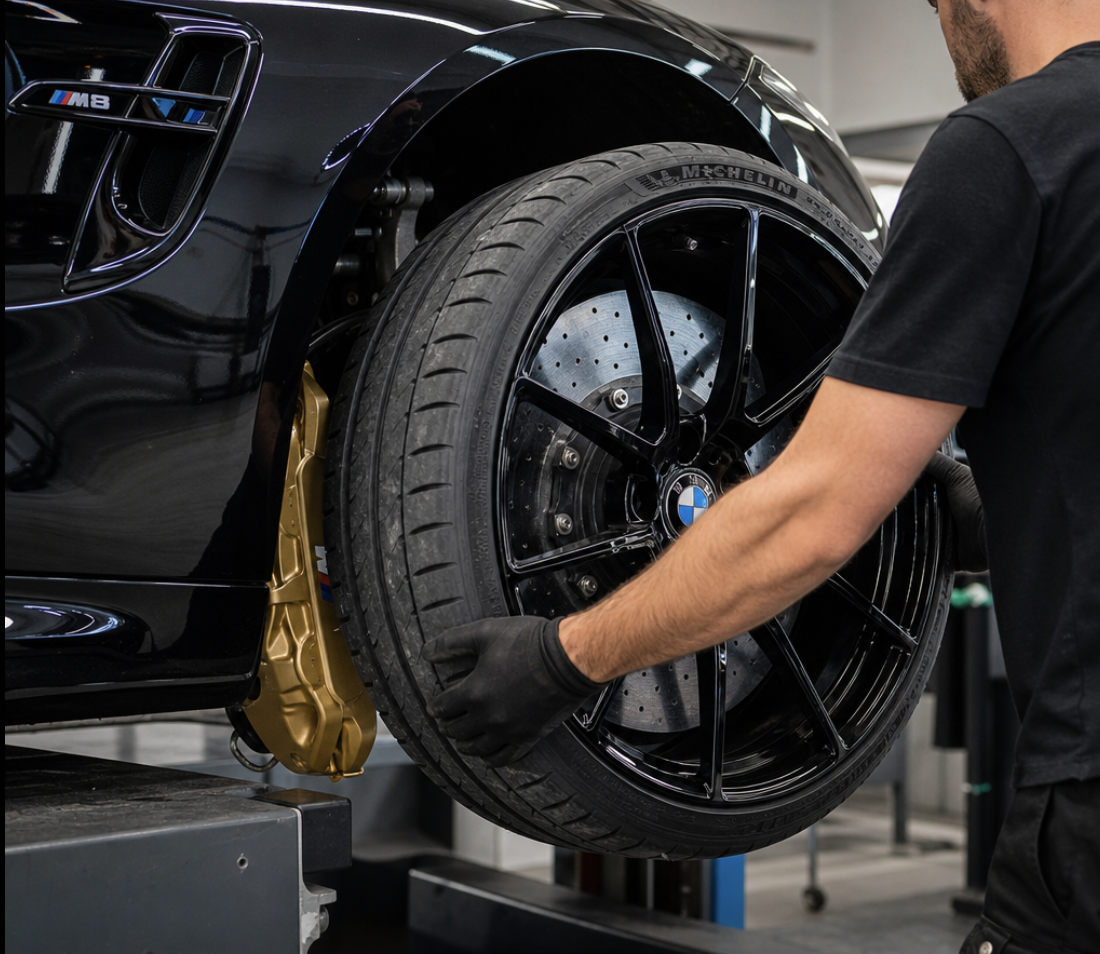 A mechanic fitting a performance wheel to a BMW at the Torque Hub workshop