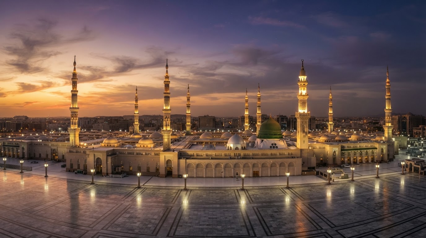 The Prophet's Mosque at dusk in Madinah