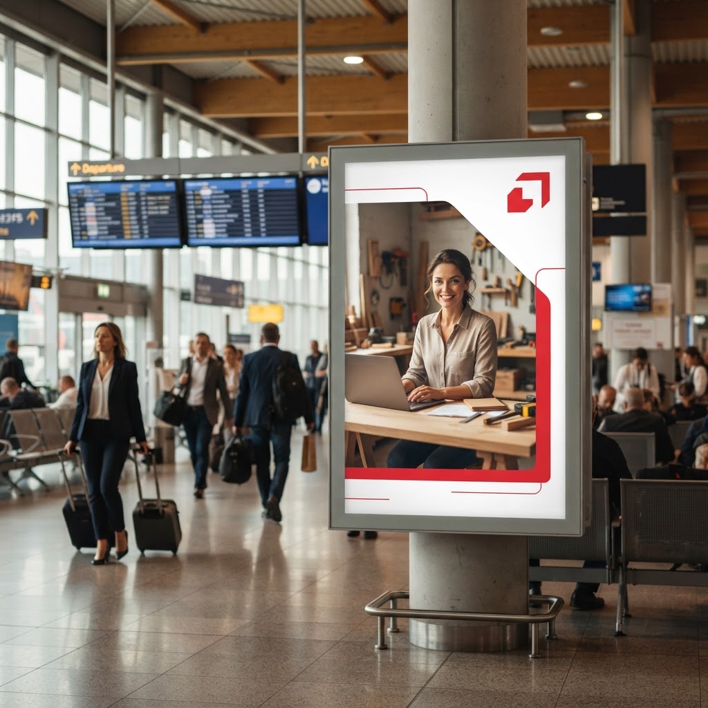 Podświetlany billboard w hali odlotów z bizneswoman w marynarce na czerwonym tle, kampania Pekao dla firm.