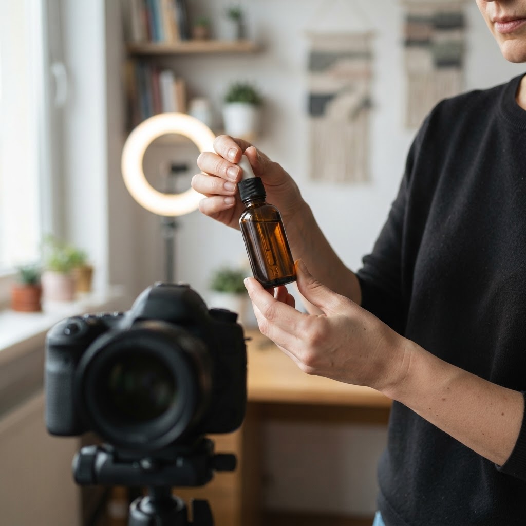 Dłonie twórcy z serum bez logo przed kamerą na statywie: nagrywanie reklam kosmetyków to lider influencer marketingu.