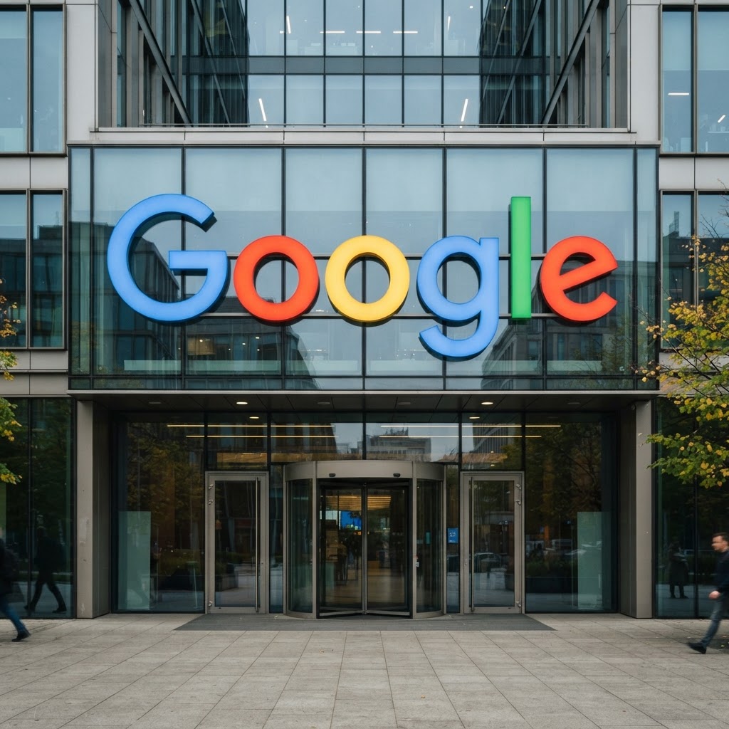 Szklany biurowiec w Warszawie z logo Google przy wejściu, zmiany w wynikach wyszukiwania w EOG.