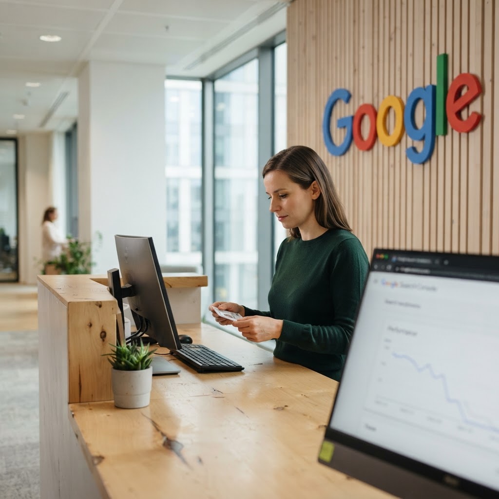 Recepcjonistka sprawdza przepustkę w biurze Google, a na monitorze spada wykres Search Console po aktualizacji antyspamowej.