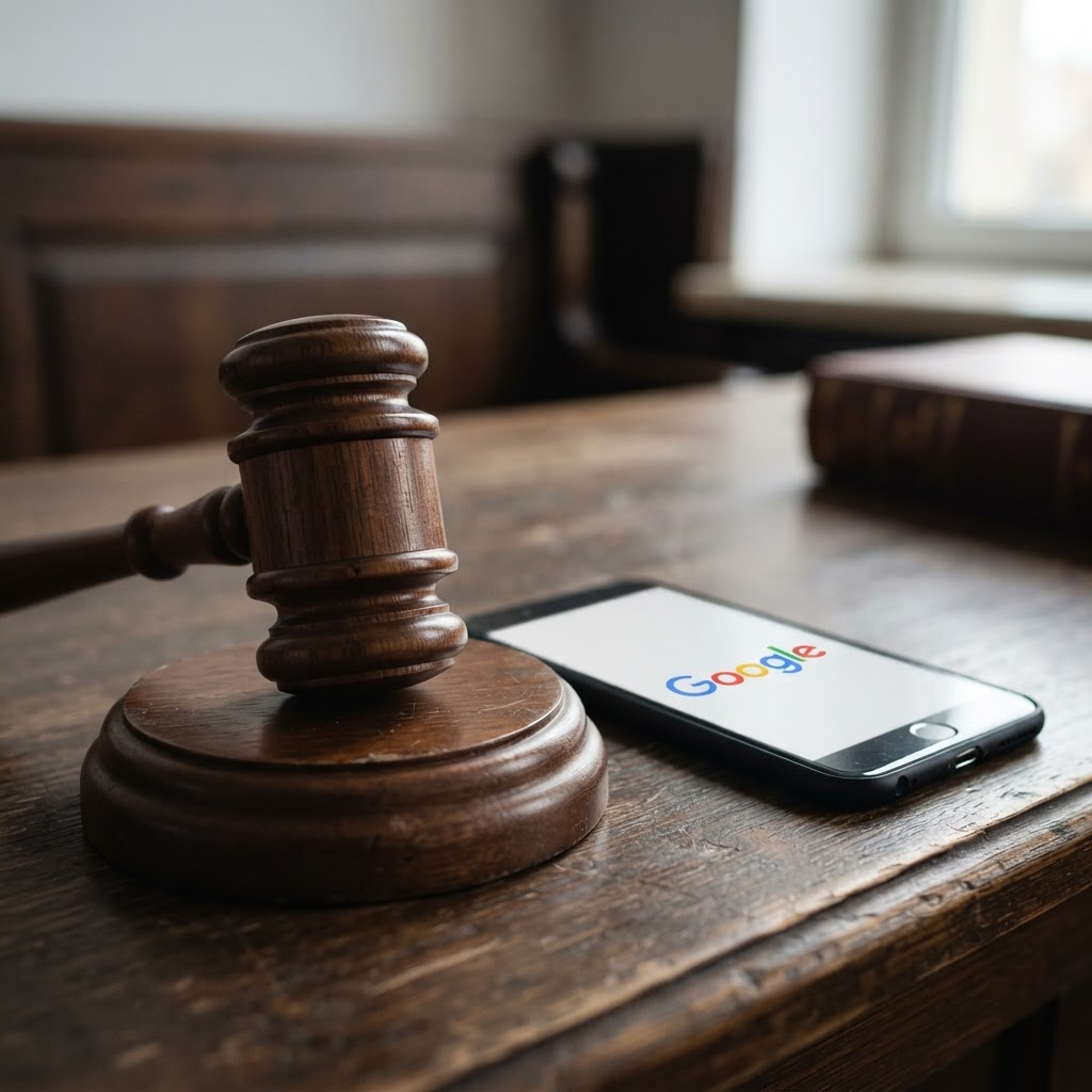 Drewniany młotek sędziowski na podstawce obok smartfona z logo Google na biurku sądowym, symbol wyroku w sprawie adtechu.