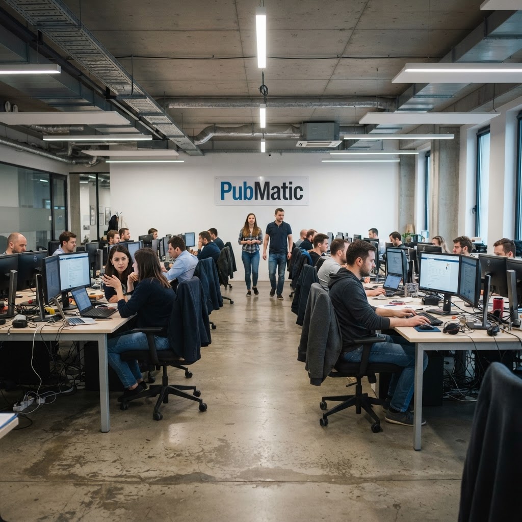 Biuro PubMatic z logo na ścianie i pracownikami przy biurkach, w kontekście zmian opłat za nadmiar inwentarza