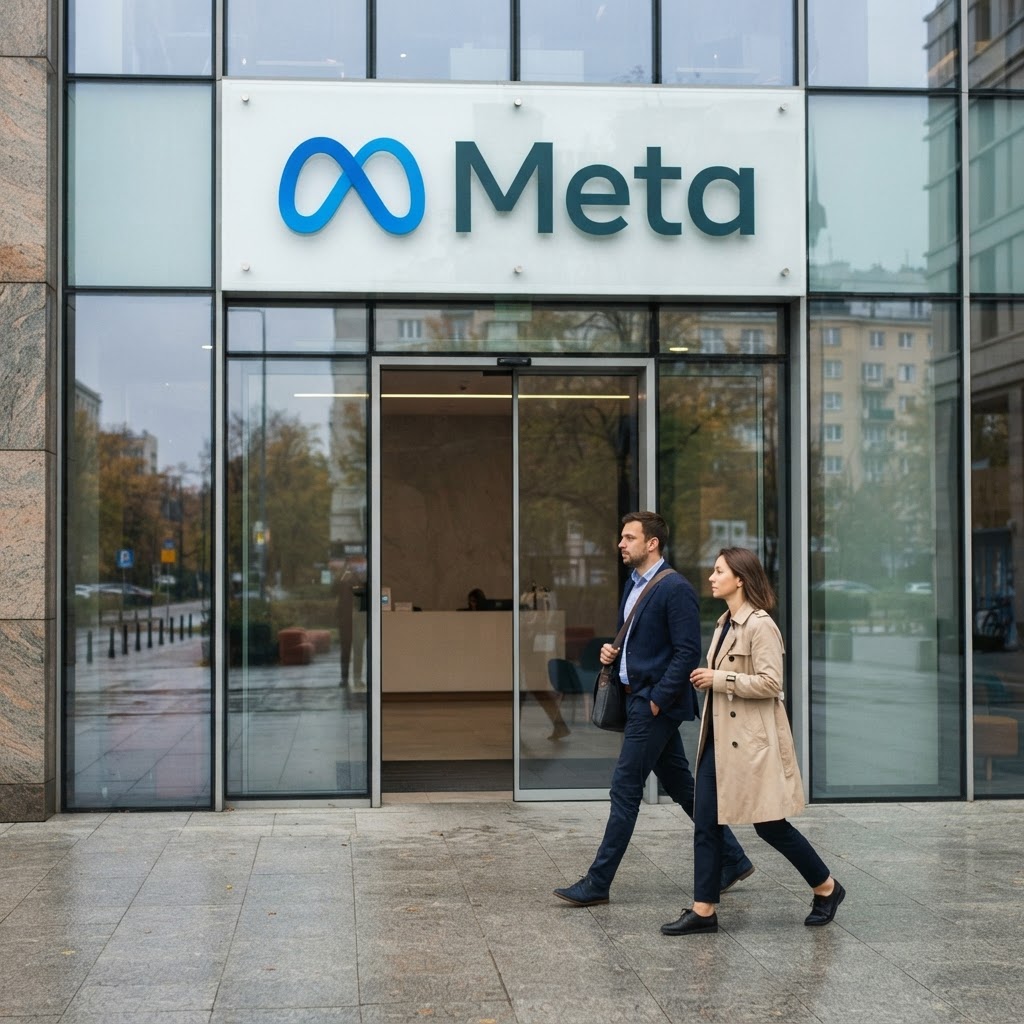Dwie osoby mijają szklane wejście warszawskiego biurowca z logo Meta nad drzwiami, a Meta zmienia zasady dla firm.