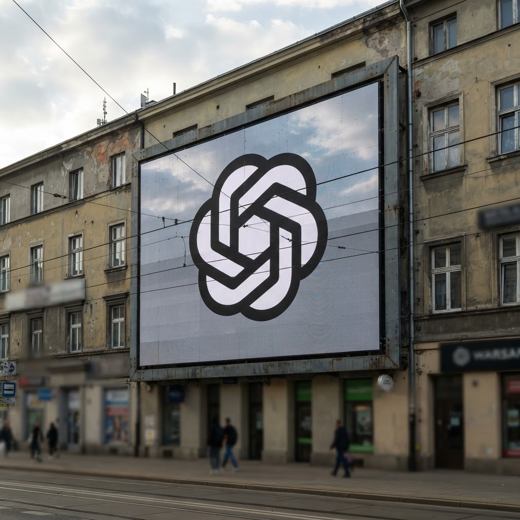Ekran LED na fasadzie w centrum Warszawy pokazuje logo ChatGPT jako reklamę, gdy OpenAI wchodzi z reklamami do Polski.