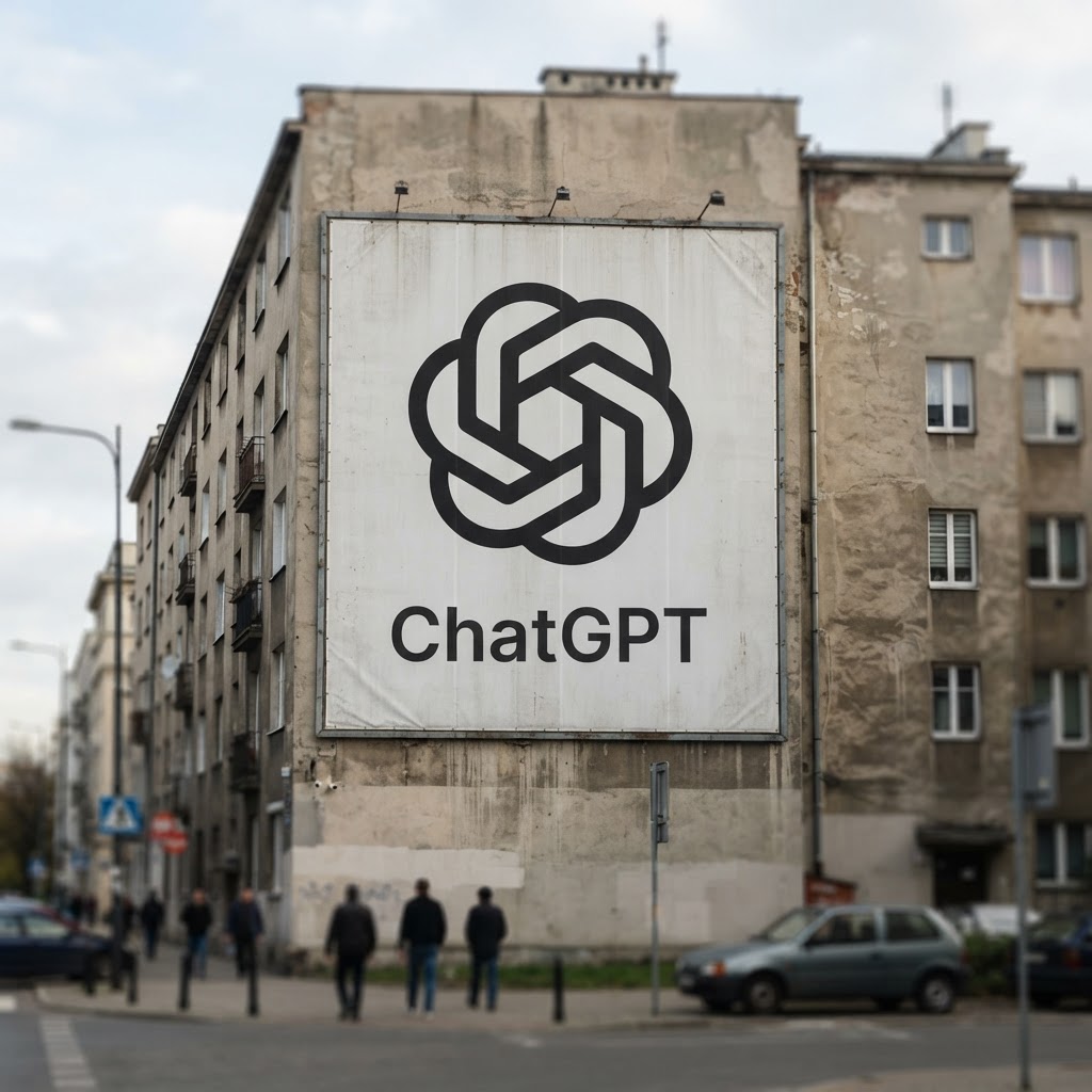 Billboard z logo ChatGPT na ścianie warszawskiej kamienicy, jako symbol znaku wodnego w tekstach OpenAI w UE.