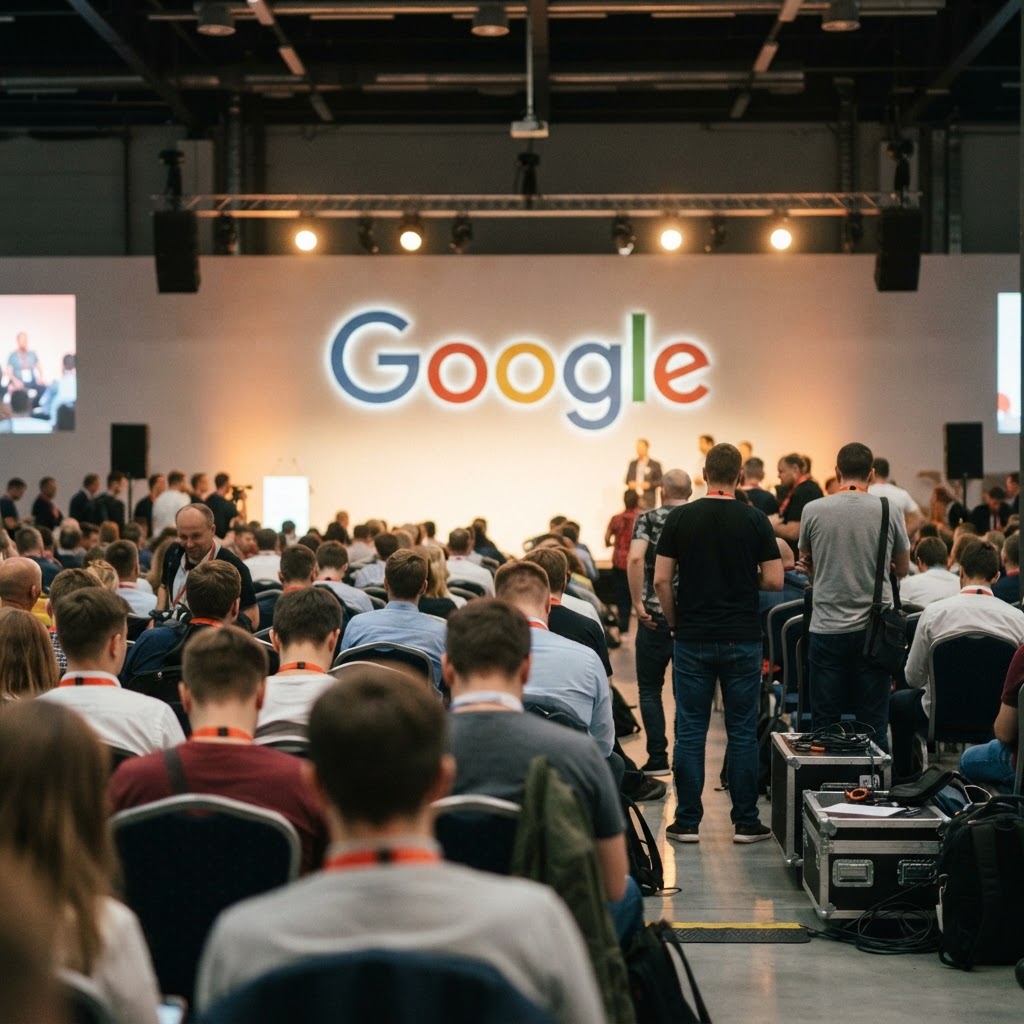 Tłum na konferencji SEO w Warszawie, widziany z tylnych rzędów, przed sceną z dużym świecącym logo Google.