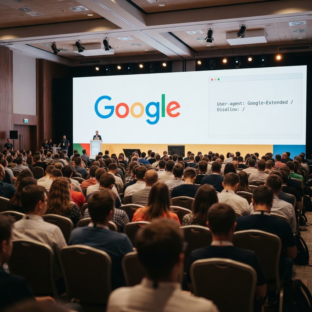 Widownia z tyłu sali patrzy na ekran LED z logo Google i fragmentem robots.txt dotyczącym botów AI