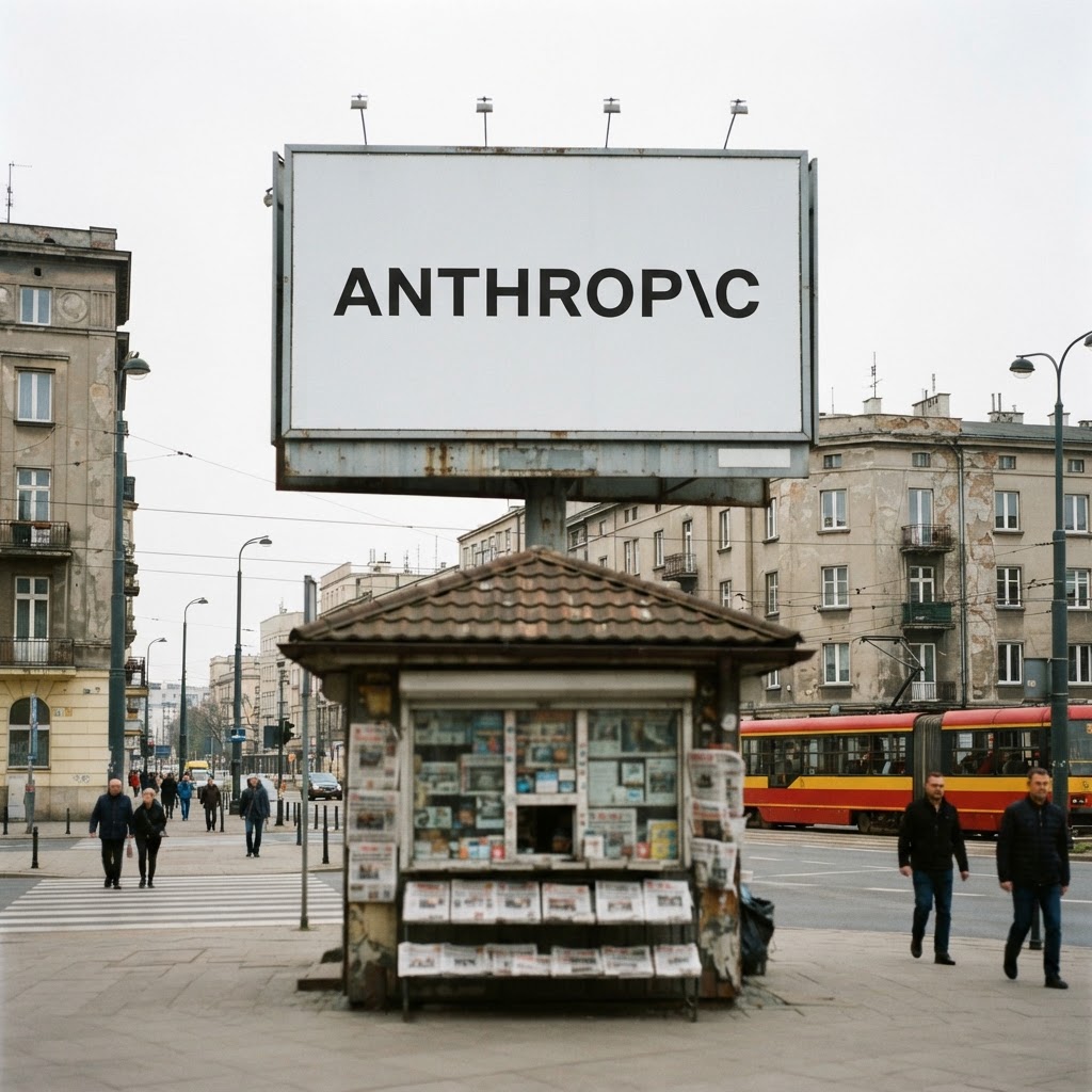 Billboard z logo Anthropic nad warszawskim rogiem ulicy, obok kiosk z gazetami w tle, jako symbol sporu wydawców o treści.