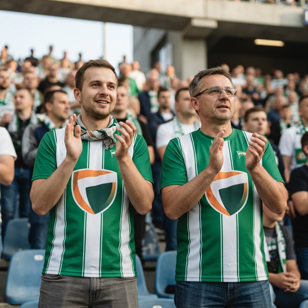 Dwaj kibice na trybunie stadionu Ekstraklasy w pasiastych koszulkach z dużym logo bukmachera klaszczą przed meczem.