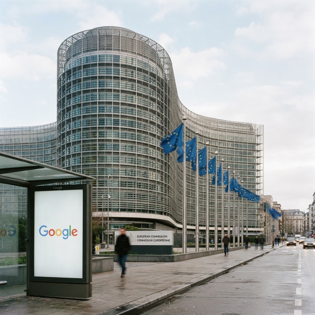 Siedziba Komisji Europejskiej w Brukseli i logo Google na reklamie przystankowej, spór o DMA wobec wyszukiwarki.