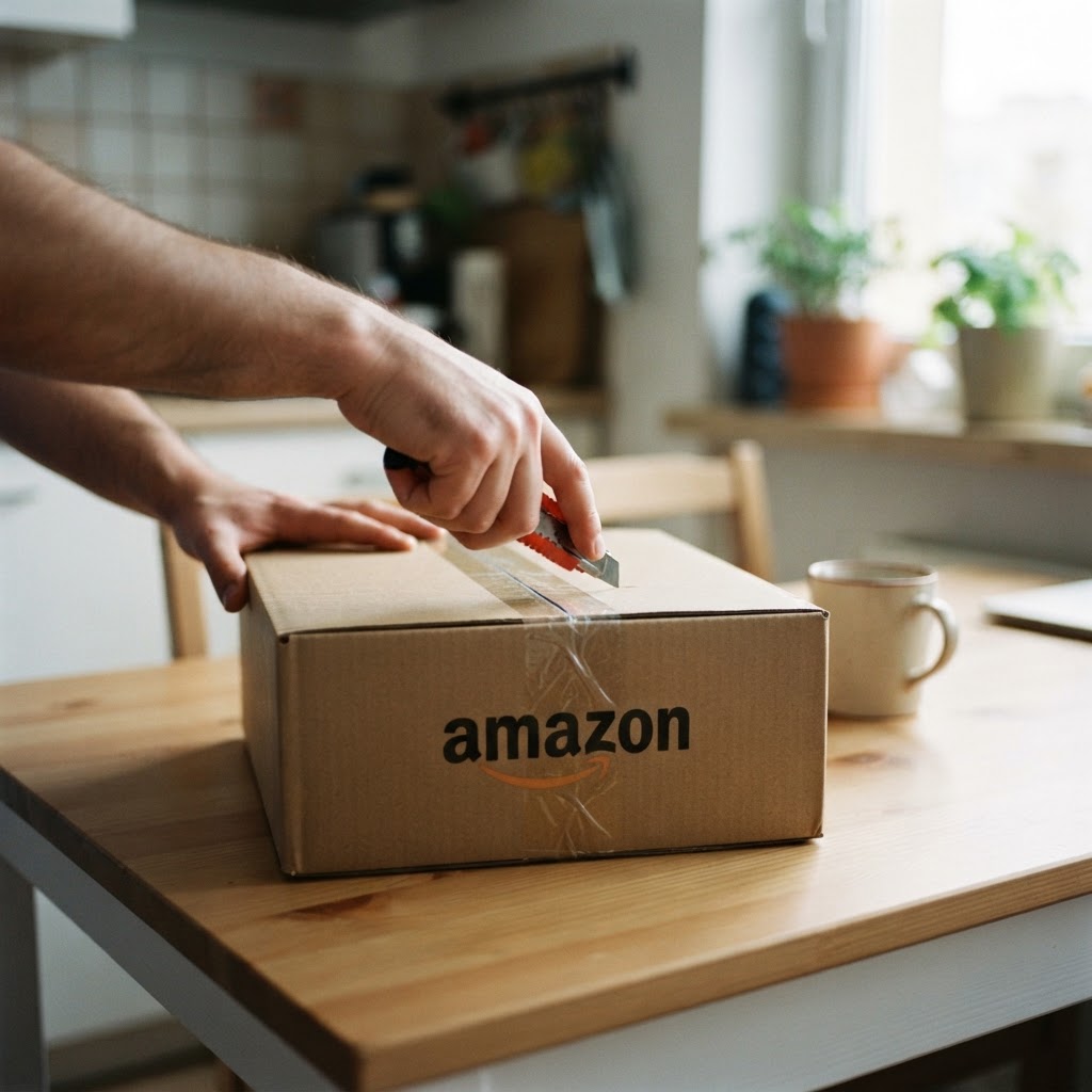 Dłonie tną taśmę na brązowej paczce Amazon leżącej na jasnym stole; temat to reklamy w ChatGPT przez Amazon DSP.