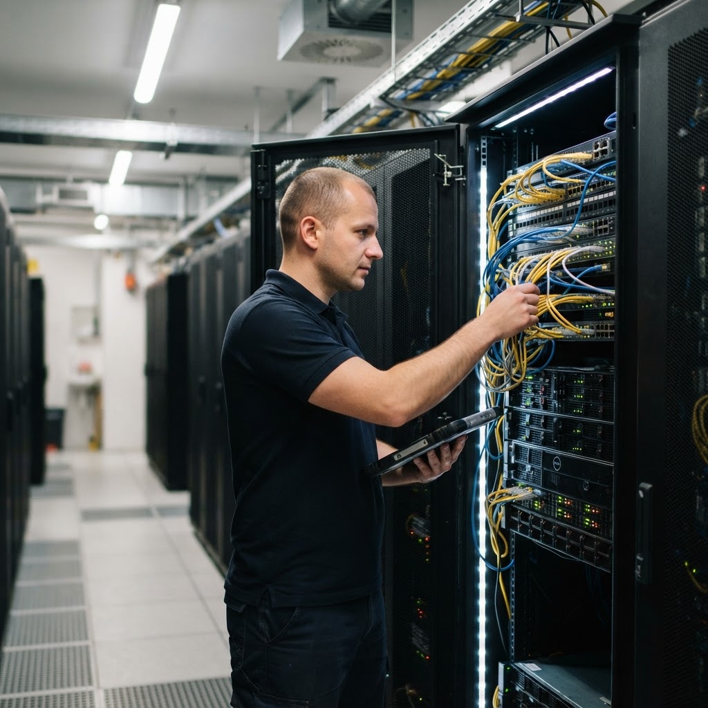 Technik sprawdza kable w szafie serwerowej; tak IAB mierzy widoczność marek w odpowiedziach sztucznej inteligencji.