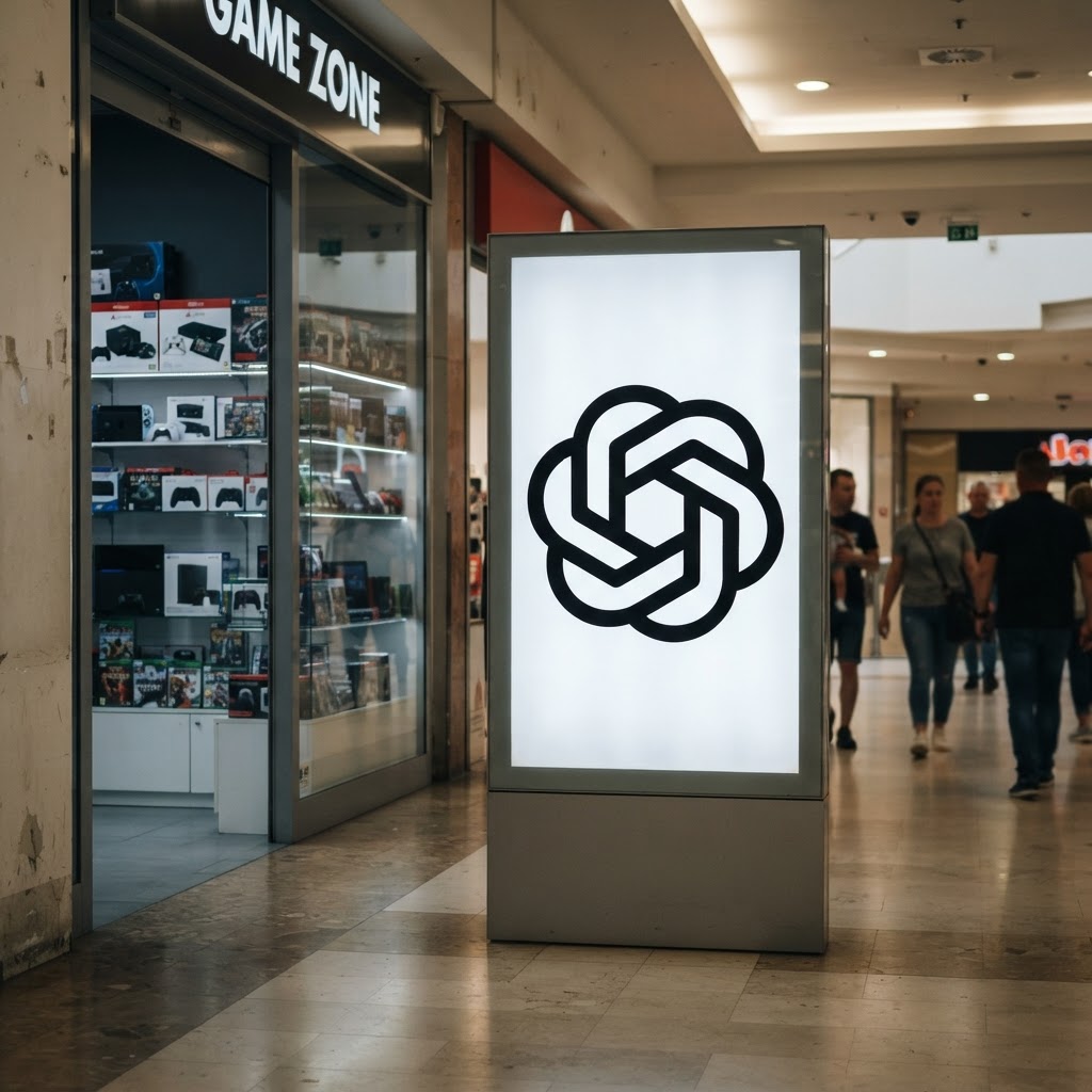 Podświetlany szyld z logo ChatGPT przy sklepie z grami i konsolami w polskiej galerii, reklamy w rozmowach o grach wideo.