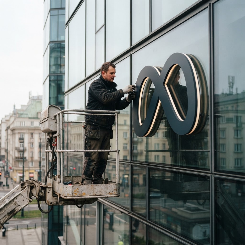Monter w roboczej kurtce poprawia podświetlone logo Meta na szklanej elewacji biurowca w Warszawie, nawiązując do reklam.