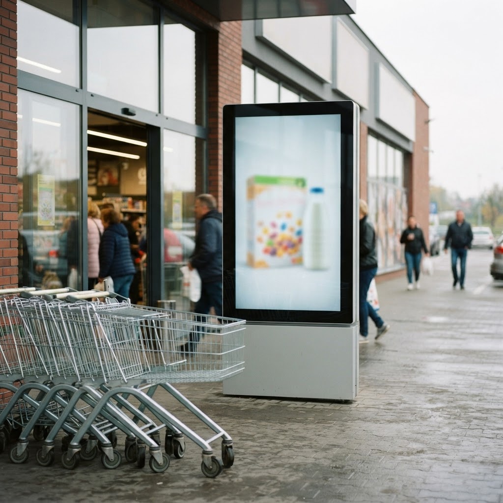 Cyfrowy ekran z reklamą płatków i mleka przy szklanych drzwiach supermarketu, sklep jako nośnik reklamy dla marek.