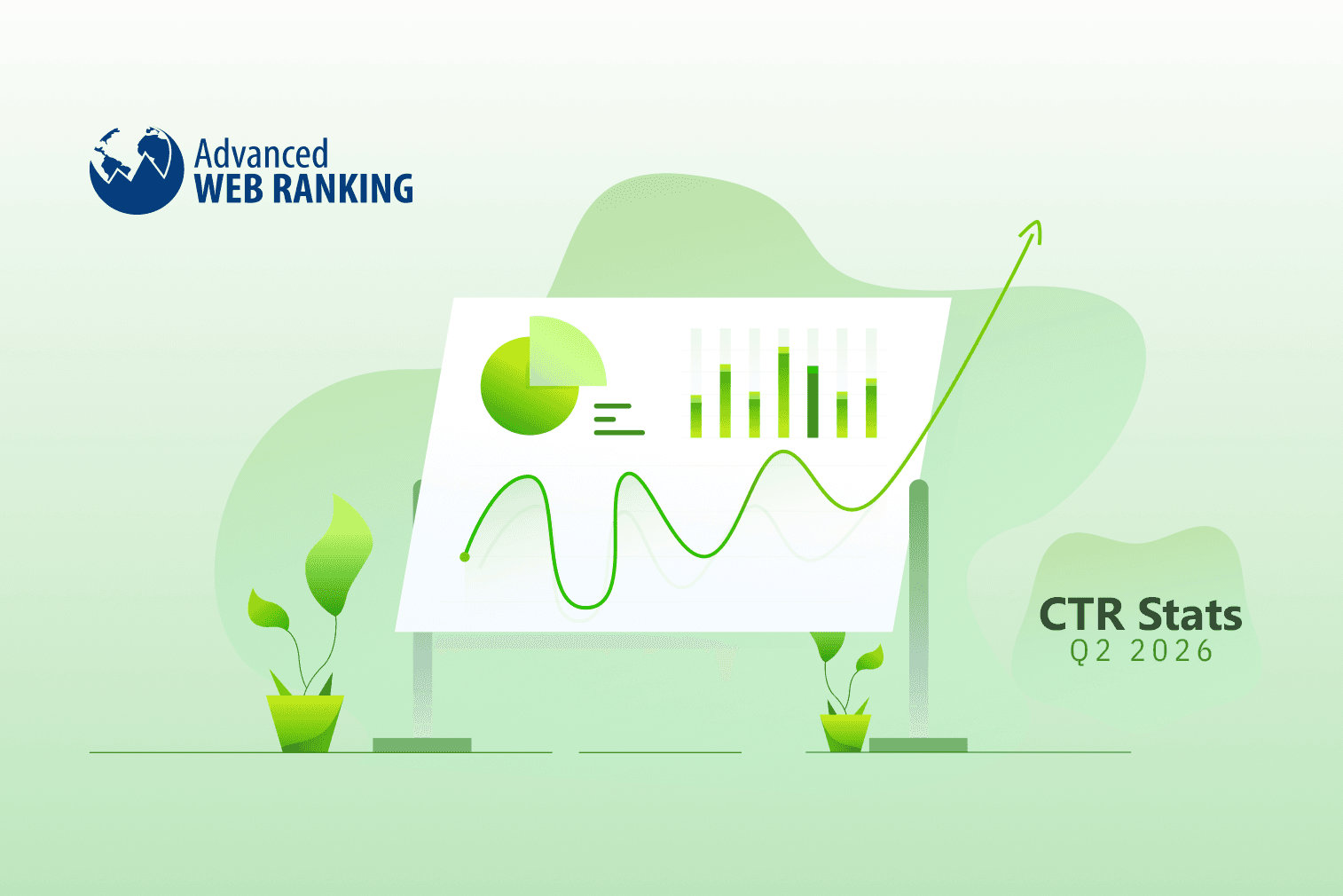 Grafika raportu Advanced Web Ranking: tablica z wykresami i strzałką wzrostu, logo AWR oraz napis CTR Stats Q2 2026.